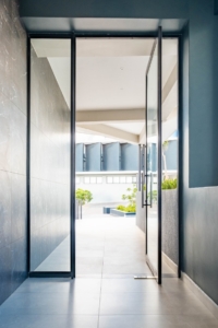 hinged open door